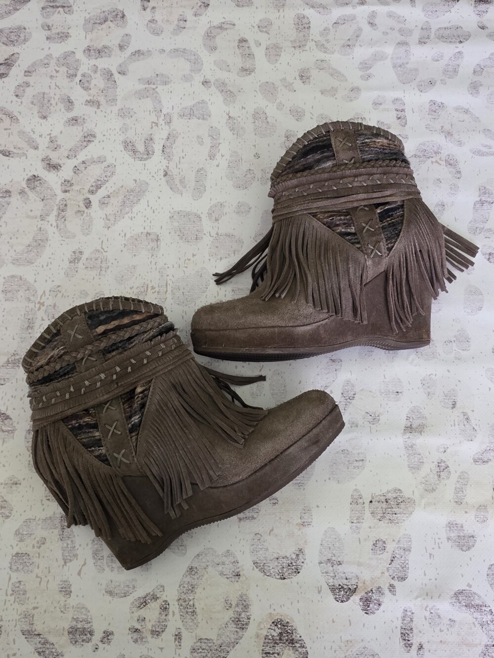 naughty monkey Brown Suede Fringe Wedge Ankle Boots